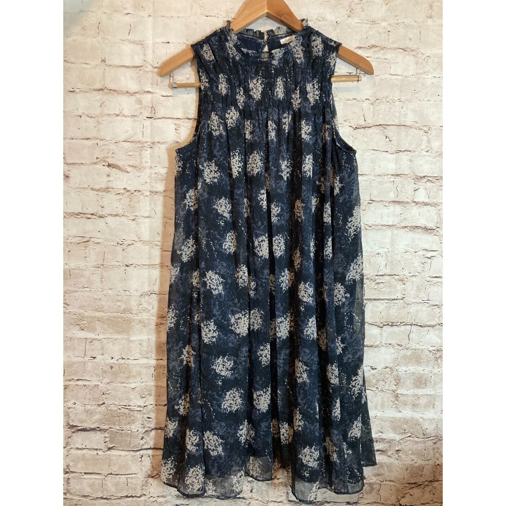 Joie Dress Womens Small Midnight Blue Floral Ruffle High Neck Kaftan‎ Tent Lined